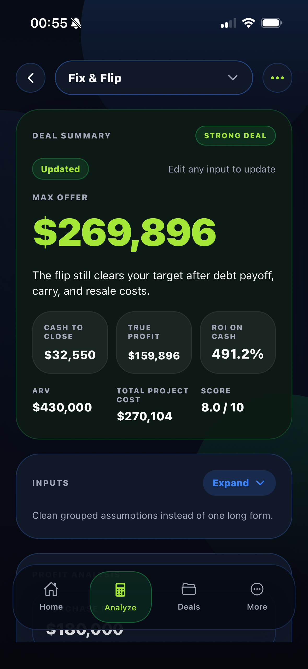 DealCalc analyze screen