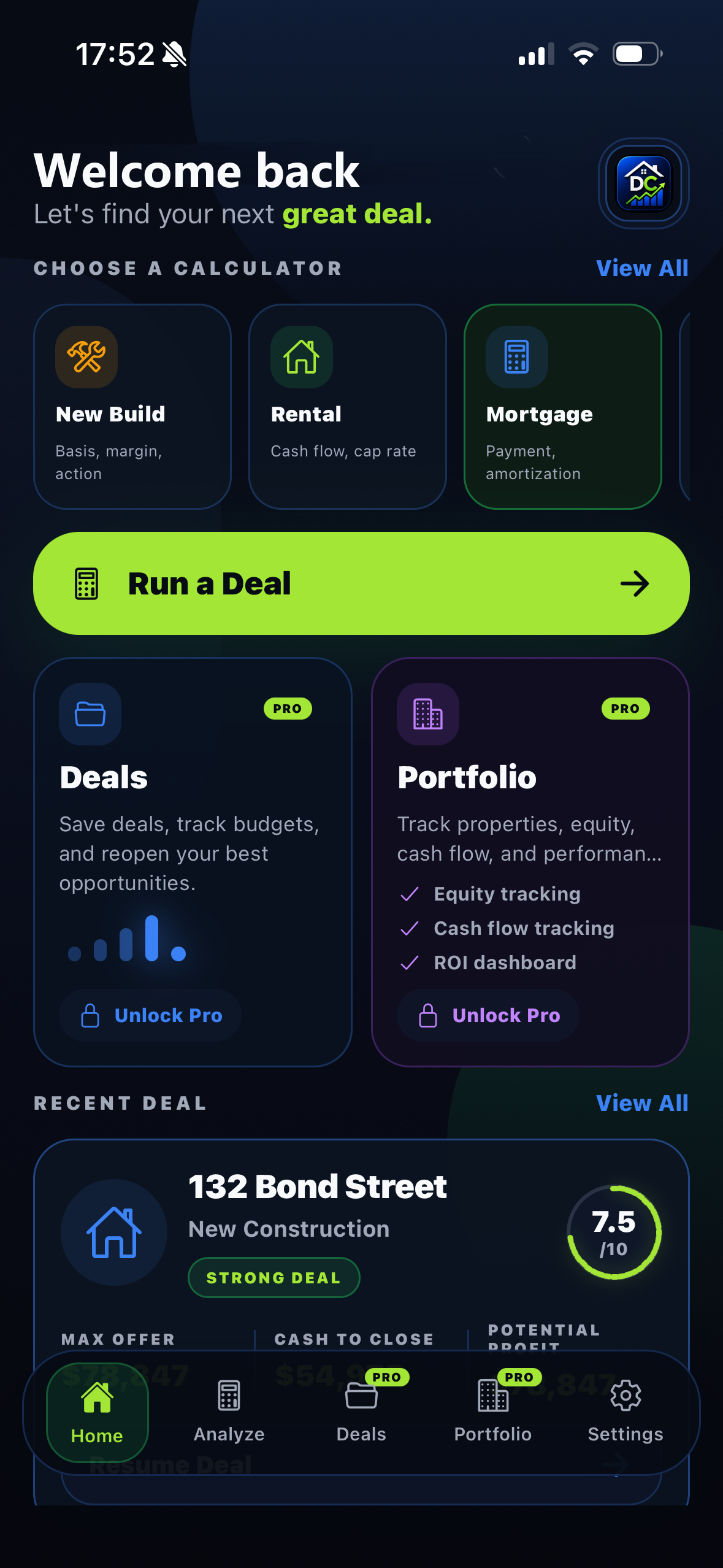 DealCalc mobile dashboard with calculators, deals, and portfolio