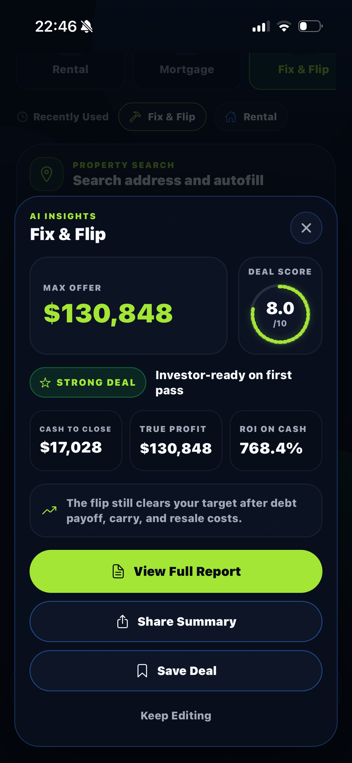 DealCalc AI insights screen for a fix and flip deal