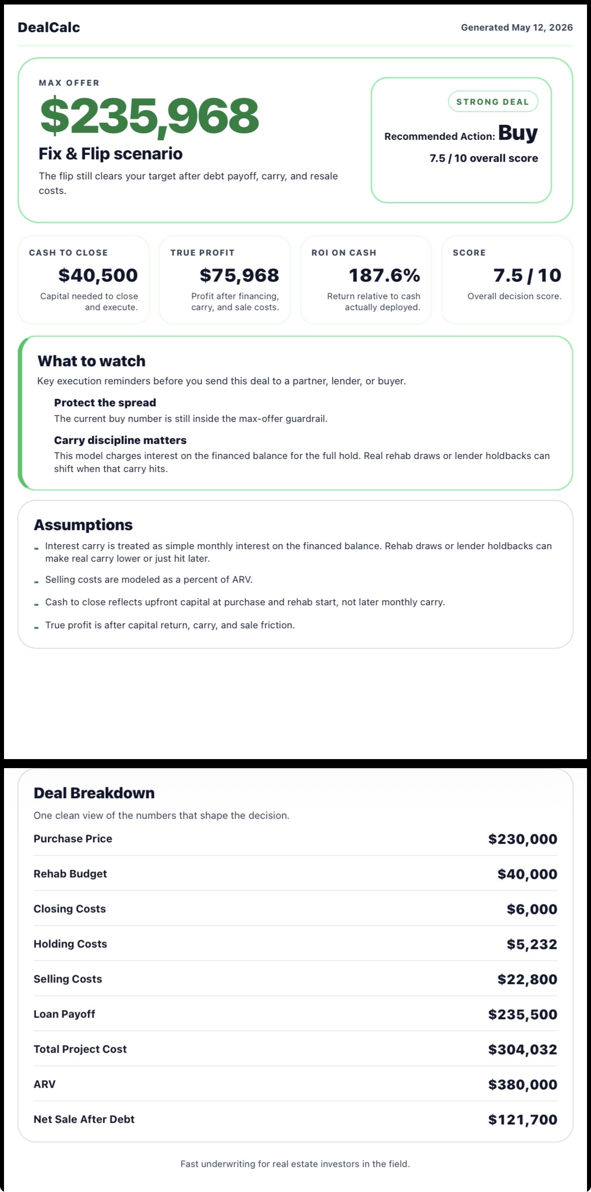 Sample DealCalc investor report